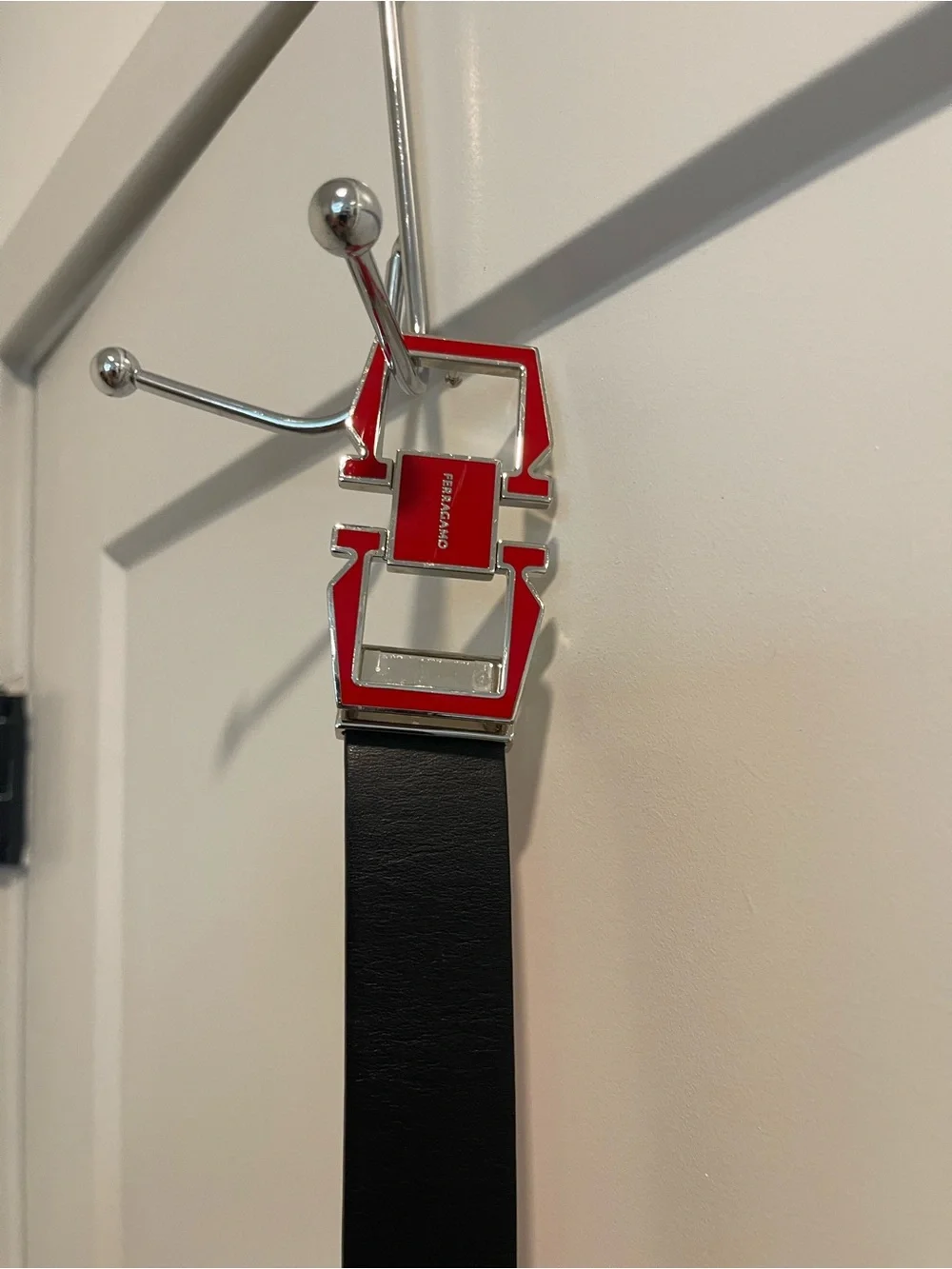 Salvatore Ferragamo Black Leather Belt with Red Enamel Gancini Buckle
